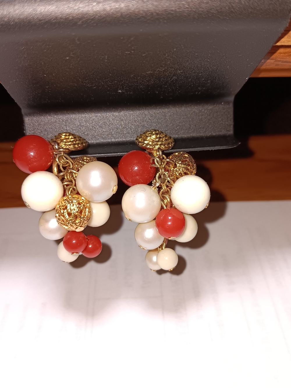 Clip On Gold-Tone Cluster Drop Earrings with Red, White, Gold & Cream Beads